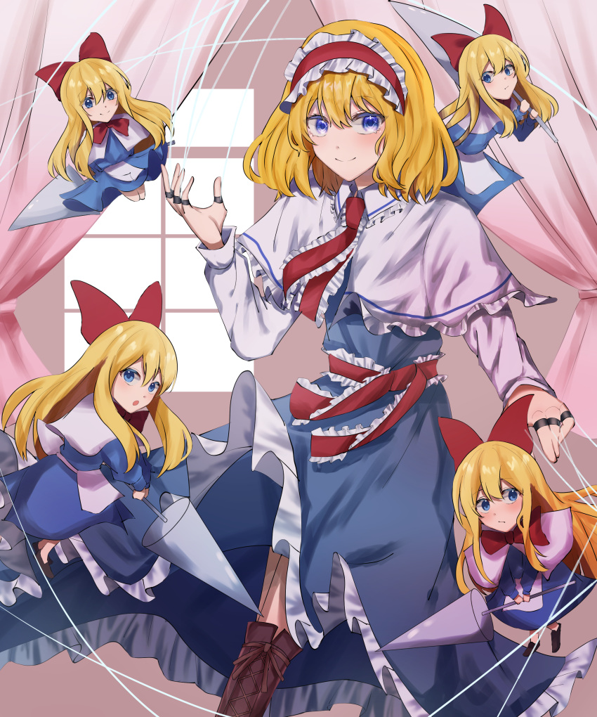 5girls absurdres alice_margatroid bangs blonde_hair blue_dress blue_eyes bow capelet closed_mouth curtains doll_joints dress hair_bow hairband highres holding holding_weapon indoors jingai_(k1bun) joints lolita_hairband long_hair looking_at_viewer multiple_girls red_bow red_hairband shanghai_doll short_hair smile touhou weapon white_capelet window
