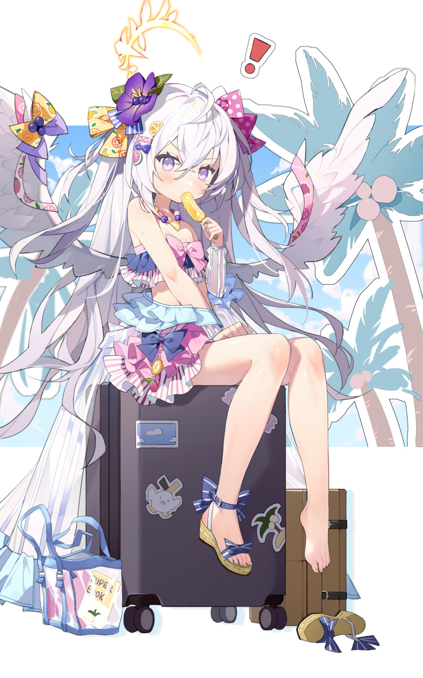 ! 1girl absurdres azusa_(blue_archive) azusa_(swimsuit)_(blue_archive) bag bangs bare_legs bare_shoulders barefoot bead_necklace beads bikini blue_archive blush bow coconut_tree detached_sleeves eating flower food food-themed_hair_ornament food_in_mouth frilled_skirt frills full_body hair_between_eyes hair_bow hair_flower hair_ornament hair_ribbon halo highres holding holding_food jewelry long_hair long_sleeves looking_at_viewer luggage measho necklace orange_hair_ornament orange_print palm_tree pink_bow polka_dot polka_dot_ribbon popsicle print_ribbon purple_bow purple_eyes purple_flower ribbon sandals sandals_removed single_detached_sleeve single_sandal sitting skirt solo striped striped_bikini swimsuit tree two_side_up vertical-striped_bikini vertical_stripes very_long_hair watermelon_hair_ornament white_hair white_wings wing_bow wing_ribbon wings