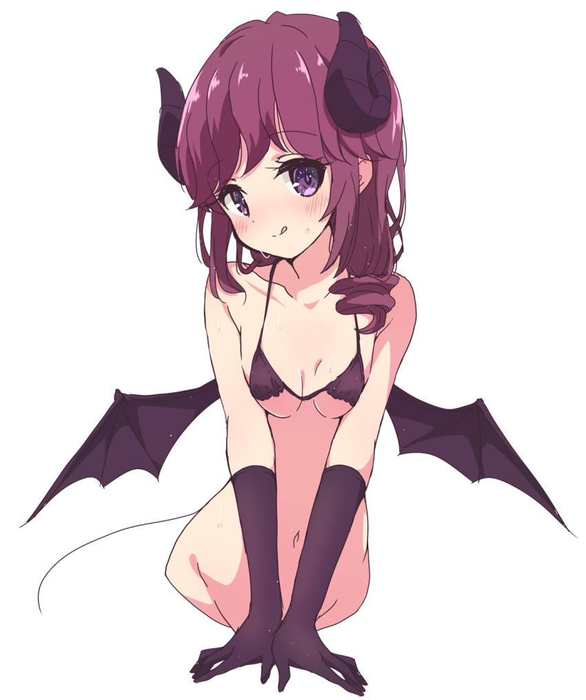1girl :q bangs bare_shoulders bikini blush breasts collarbone curled_horns demon_girl demon_horns demon_tail gloves highres horns looking_at_viewer machikado_mazoku mel_(melty_pot) navel purple_bikini purple_eyes purple_gloves simple_background small_breasts smile swimsuit tail tongue tongue_out white_background yoshida_ryouko