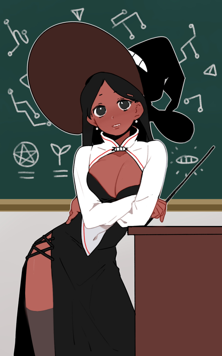 1girl black_dress black_eyes black_hair black_headwear breasts chalkboard check_copyright cleavage copyright_request counter cowboy_shot cross-laced_clothes crossed_arms dark-skinned_female dark_skin dress earrings grey_thighhighs grin harrymiao hat highres holding holding_pointer holding_wand jewelry leaning_to_the_side long_hair long_sleeves looking_at_viewer original pearl_earrings pentagram pointer self_hug shrug_(clothing) side-tie_dress side_slit smile solo teacher thighhighs wand wide_sleeves witch witch_hat