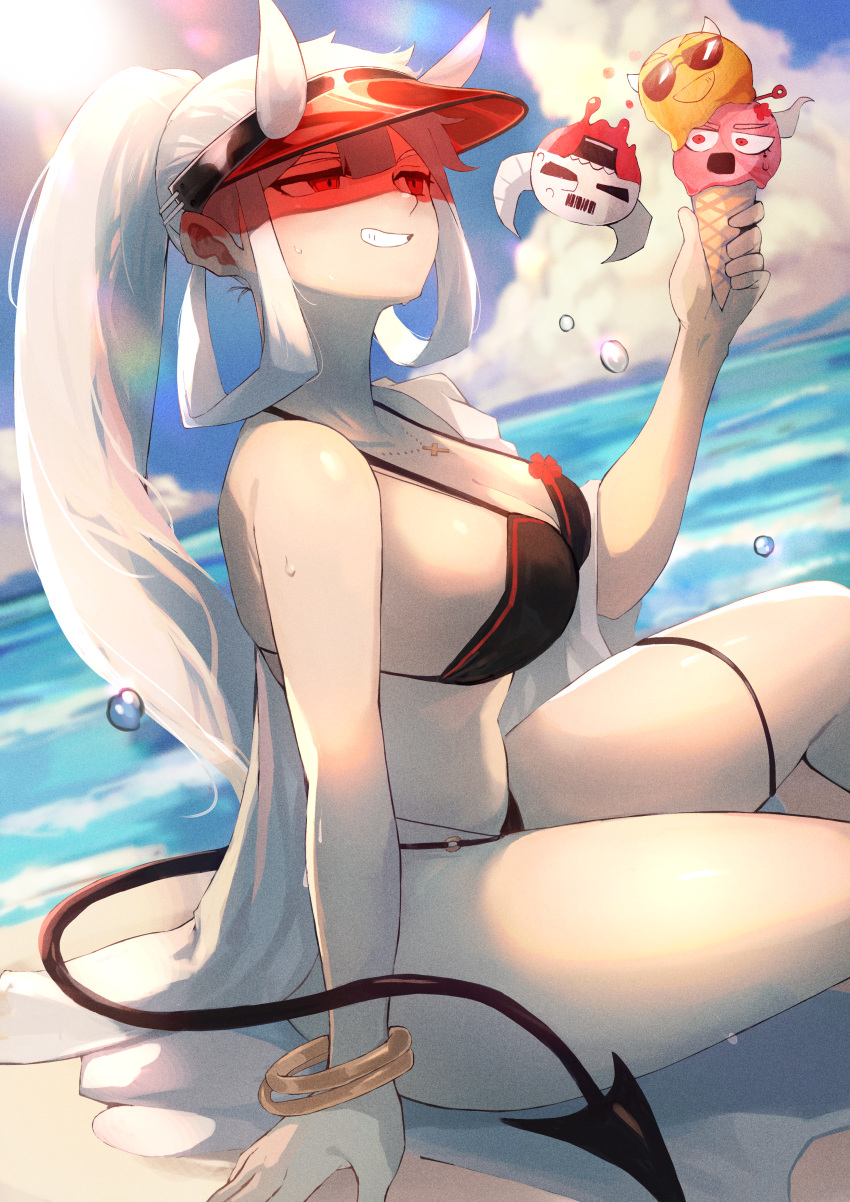 1girl absurdres bangs bare_arms bare_shoulders bikini black_bikini blue_sky bracelet breasts cleavage cloud commentary day demon_tail food hand_up helltaker highres holding holding_food horns ice_cream ice_cream_cone jewelry large_breasts loremaster_(helltaker) ocean ohako_(ohako1818) outdoors ponytail red_eyes sitting sky solo stomach swimsuit tail thighs visor_cap water white_hair