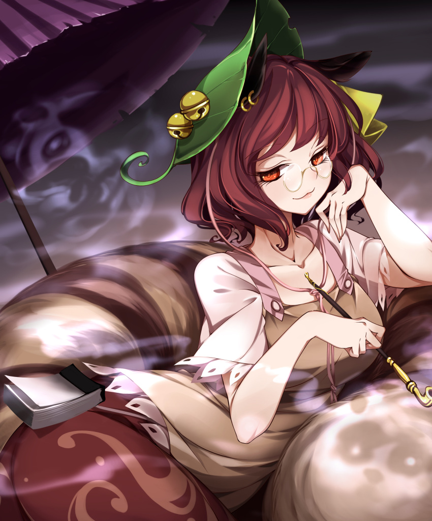 1girl :3 absurdres animal_ears bangs bell brown_hair brown_shirt brown_skirt calendar_(object) closed_mouth collarbone cowboy_shot elbow_rest futatsuiwa_mamizou glasses hair_bell hair_ornament half-closed_eyes hand_to_own_mouth hands_up highres holding holding_smoking_pipe jingle_bell kiseru large_tail leaf leaf_hair_ornament leaf_on_head light_blush looking_at_viewer lying naughty_face oil-paper_umbrella on_side orange_eyes raccoon_ears raccoon_tail raptor7 reclining red_skirt round_eyewear semi-rimless_eyewear shirt short_hair short_sleeves sitting sitting_on_tail skirt smile smoke smoking_pipe solo tail tanuki touhou umbrella under-rim_eyewear yellow-framed_eyewear