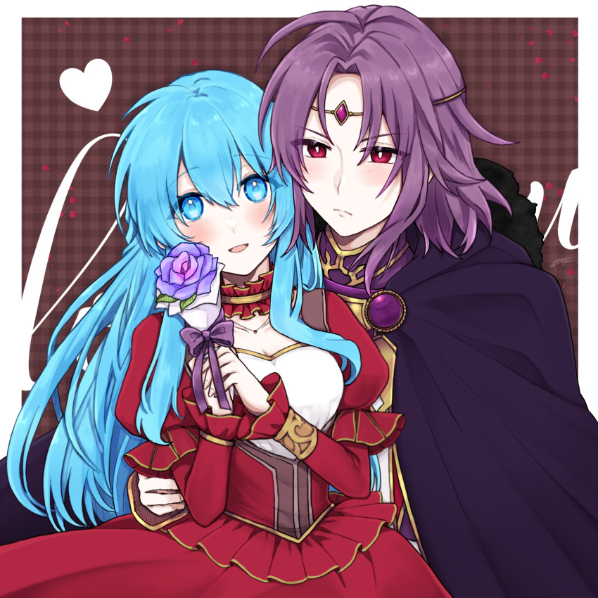 1boy 1girl :d bangs blue_eyes blue_hair blush border breasts brown_background cape circlet cleavage closed_mouth couple dress eirika_(fire_emblem) fire_emblem fire_emblem:_the_sacred_stones flower frown hair_between_eyes hair_intakes hand_on_another's_hip heart hetero highres holding holding_flower layered_sleeves long_hair long_sleeves looking_at_viewer lyon_(fire_emblem) medium_breasts misato_hao outside_border plaid plaid_background purple_cape purple_flower purple_hair red_dress red_eyes shiny shiny_hair short_over_long_sleeves short_sleeves smile underbust white_border