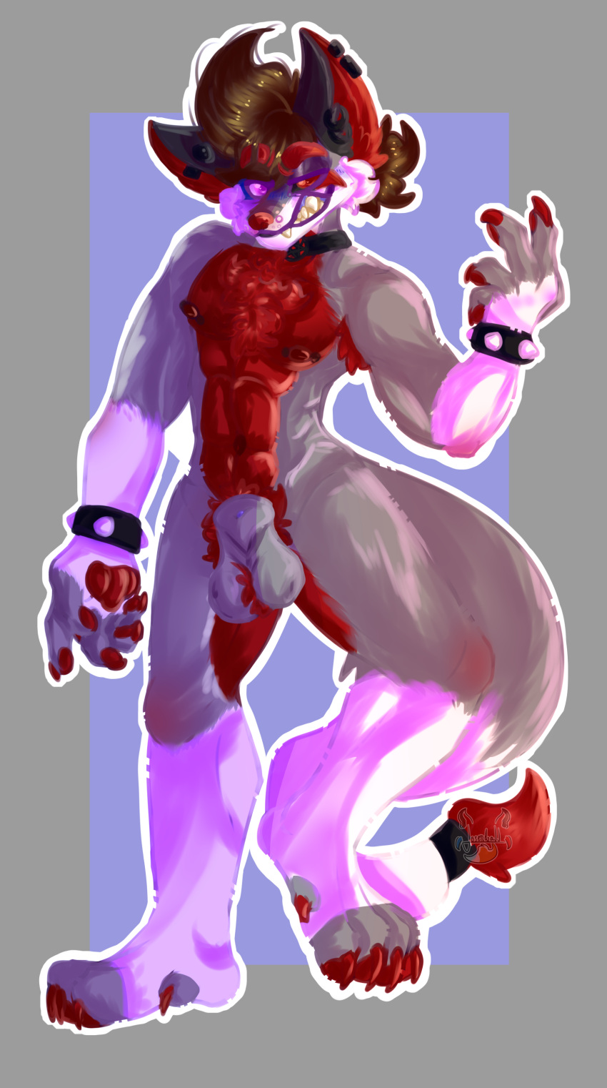absurd_res anthro balls blush body_hair canid canine digital_media_(artwork) fox fur genitals hair hi_res josendall_art looking_at_viewer male male/male mammal nipples nude paws penis pink_eyes red_eyes shadow_(josendall) simple_background smile solo