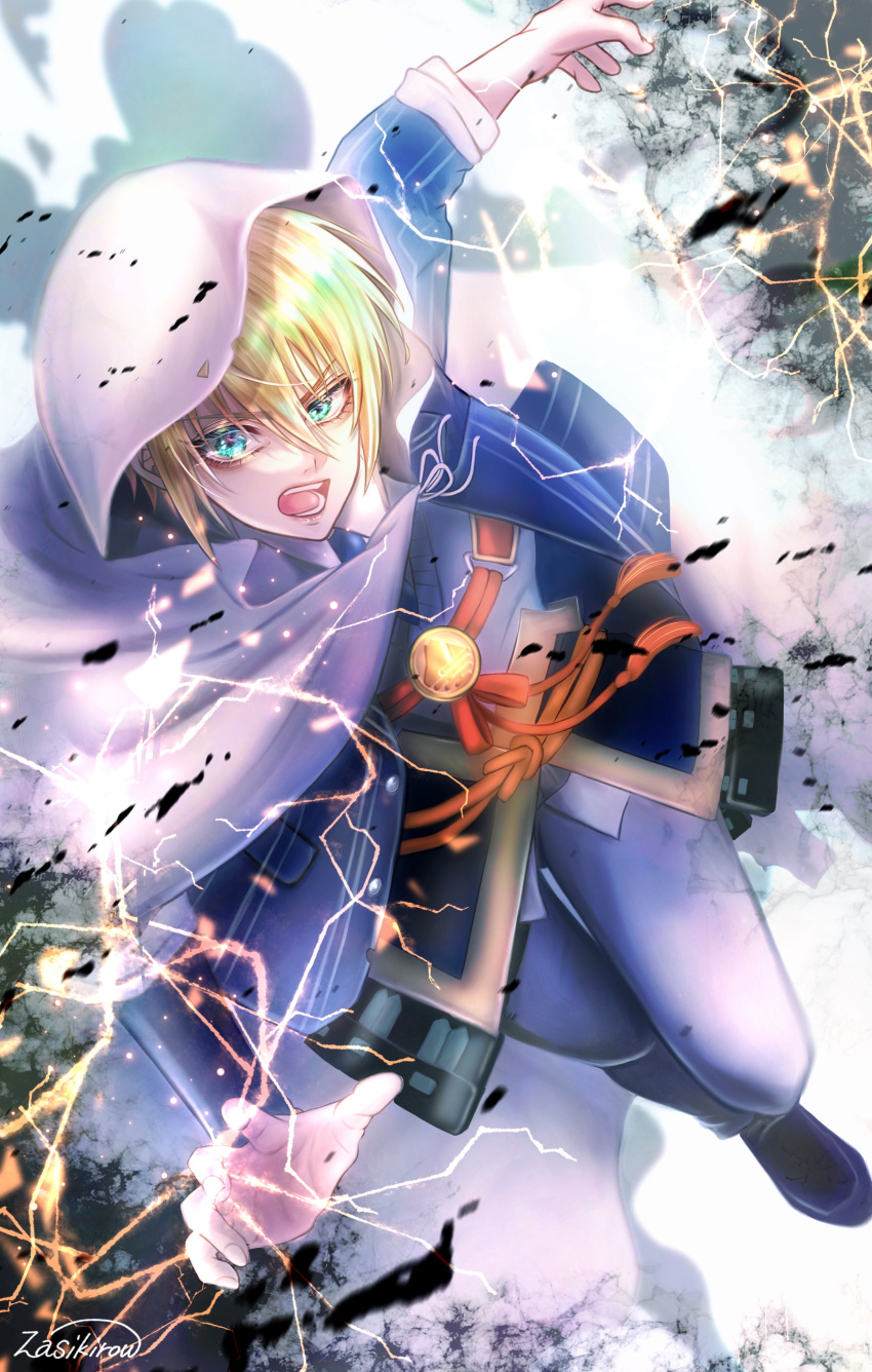 1boy absurdres blonde_hair blue_eyes cloak facing_viewer full_body highres hood hood_up jacket lightning long_sleeves looking_ahead male_focus open_mouth short_hair solo touken_ranbu yamanbagiri_kunihiro zasikirou