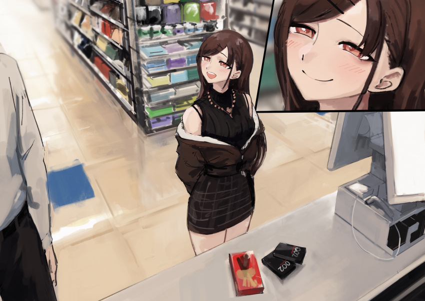1boy 1girl absurdres brown_hair buying_condoms cash_register commentary_request condom convenience_store food hair_down highres idolmaster idolmaster_shiny_colors jewelry kankarka looking_at_another multiple_views necklace off_shoulder pocky red_eyes shop sleeveless sleeveless_sweater sonoda_chiyoko sweater turtleneck turtleneck_sweater