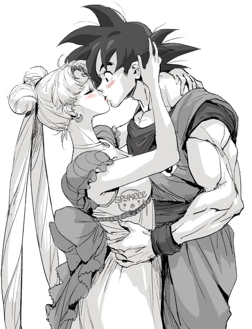1boy 1girl arm_around_neck back_bow bangs belt bishoujo_senshi_sailor_moon black_hair blush bow breasts choker closed_eyes couple crescent crescent_earrings crossover double_bun dragon_ball dragon_ball_z dress earrings facial_mark forehead_mark greyscale hair_bun hand_in_another's_hair hand_on_another's_hip highres jewelry kiss long_dress long_hair looking_at_another medium_breasts monochrome muscular muscular_male parted_bangs sailor_moon shirt sleeveless sleeveless_shirt son_goku spiked_hair spot_color spykeee tsukino_usagi twintails upper_body wristband