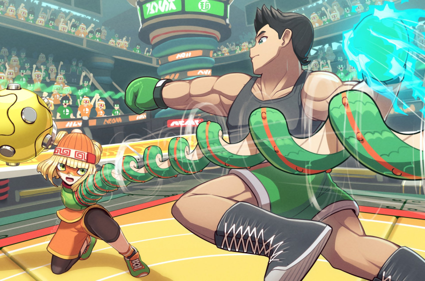 1boy 1girl arclumx arms_(game) bangs beanie black_hair blonde_hair blue_eyes blunt_bangs boxer boxing_gloves chinese_clothes domino_mask dragon food green_eyes hat highres knit_hat leggings legwear_under_shorts little_mac looking_at_viewer mask megawatt_(arms) min_min_(arms) muscular noodles punch-out!! short_hair shorts smile super_smash_bros.