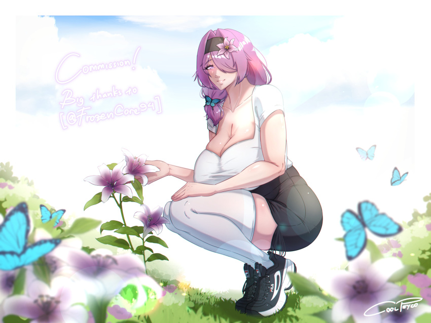 1girl absurdres black_shorts blue_butterfly border breasts bug butterfly butterfly_hair_ornament cleavage coolpsyco flower grass hair_flower hair_ornament hair_over_one_eye hairband highres huge_breasts leaf long_hair low_tied_hair original outdoors pink_eyes purple_hair shirt shoes shorts sneakers squatting thighhighs white_border white_shirt