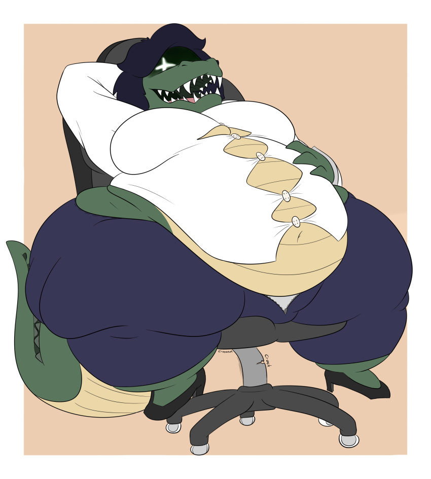 absurd_res anthro belly big_belly big_breasts big_butt breasts butt chair clothed clothing crocodile crocodilian crocodylid digital_media_(artwork) female furniture grandpaced hair hand_on_stomach hi_res huge_butt hyper hyper_butt lounging ms._servani navel obese obese_anthro obese_female office_chair office_clothing office_lady onomatopoeia open_mouth overweight overweight_anthro overweight_female reptile scalie shadowed_eyes simple_background smile solo sound_effects teeth text thick_thighs wardrobe_malfunction wide_hips