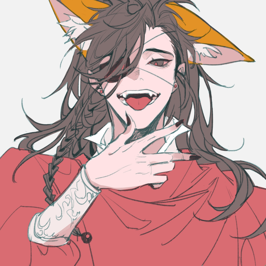 1boy animal_ears bishounen black_hair black_nails chinese_clothes earrings eyepatch fangs fox_boy fox_ears highres hua_cheng jewelry long_hair long_sleeves male_focus shiyangtacit solo tian_guan_ci_fu wide_sleeves