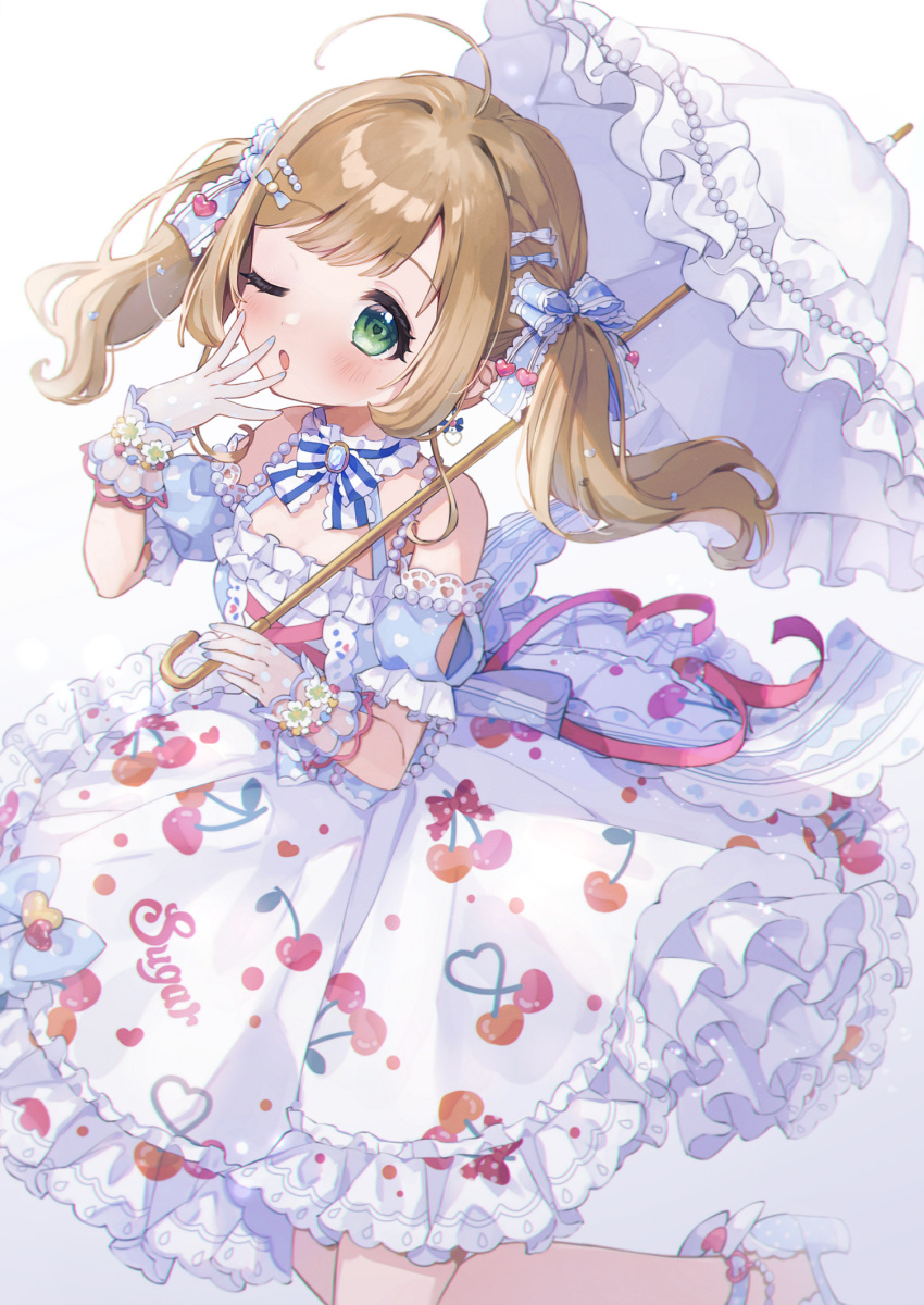 1girl :o ahoge back_bow bangs bead_bracelet beads blush bow bow_earrings bracelet brown_hair cherry_print choker clothes_writing clothing_cutout cross-laced_clothes dress dress_bow earrings flower_bracelet food_print frilled_dress frilled_sleeves frilled_umbrella frills gem green_eyes hair_bow hair_ornament hair_ribbon hairclip hand_on_own_face hand_up heart heart-shaped_pupils heart_earrings high_heels highres holding holding_umbrella idolmaster idolmaster_cinderella_girls jewelry lace-trimmed_ribbon lace-trimmed_sleeves lace_trim long_hair mameyanagi nail_polish off-shoulder_dress off_shoulder one_eye_closed parasol pearl_(gemstone) pearl_hair_ornament polka_dot_footwear polka_dot_gloves ribbon ribbon_choker sato_shin short_sleeves solo standing standing_on_one_leg symbol-shaped_pupils transparent_gloves twintails umbrella