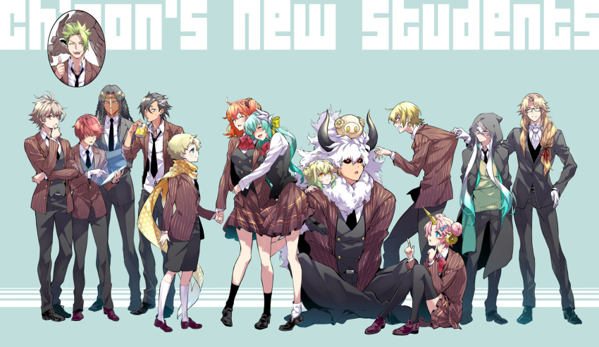 3girls 6+boys :d :o =_= ^_^ achilles_(fate) achilles_(my_student_council)_(fate) ahoge alternate_costume antenna_hair apollo_(fate) aqua_background aqua_hair asclepius_(fate) asclepius_(my_student_council)_(fate) ascot asterios_(fate) bangs between_legs black_coat black_footwear black_hair black_jacket black_necktie black_pants black_sclera black_shorts black_socks black_thighhighs black_vest blonde_hair blue_eyes blush bow bowtie braid brown_footwear brown_hair brown_jacket brown_skirt buttons chiron_(fate) circlet clenched_teeth closed_eyes clothes_grab coat collared_shirt colored_sclera command_spell contrapposto crossed_bangs curtained_hair double-breasted double_bun drinking ear_covers english_text facing_another facing_viewer fate/grand_order fate_(series) frankenstein's_monster_(fate) fujimaru_ritsuka_(female) full_body fur_scarf fuuma_kotarou_(fate) geronimo_(fate) gloves gradient_hair green_hair green_sweater_vest hair_between_eyes hair_bow hair_bun hair_over_eyes hand_between_legs hand_on_hip hand_on_own_chin head_on_another's_shoulder head_out_of_frame heracles_(fate) highres holding holding_hands holding_tablet_pc hooded_coat horns hug index_finger_raised indian_style jacket jacket_grab jason_(fate) jason_(my_student_council)_(fate) juice_box kiyohime_(fate) knees_up kotobuki_toro light_brown_hair loafers long_hair looking_at_another looking_to_the_side low-tied_long_hair low_twintails mandricardo_(fate) multicolored_hair multiple_boys multiple_braids multiple_girls muscular muscular_male necktie not_present official_alternate_costume on_head one_side_up open_collar orange_eyes orange_hair pants paris_(fate) parted_lips pink_hair profile red_bow red_bowtie red_eyes red_hair scarf school_uniform scrunchie shaded_face sheep shirt shoes shorts sieg_(fate) single_horn sitting skirt sleeves_rolled_up smile socks spiked_hair standing striped striped_jacket sweatdrop sweater_vest tablet_pc teeth thighhighs thinking thumbs_up twintails upper_teeth vertical-striped_jacket vertical_stripes vest voyager_(fate) white_ascot white_gloves white_hair white_shirt white_socks yellow_bow yellow_scarf