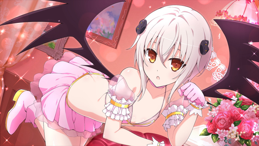 1girl ass back boots breasts cat_hair_ornament choker crossover demon_wings detached_sleeves flower hair_ornament high_school_dxd highres indoors lace_trim looking_at_viewer magical_girl official_art paw_pose pink_footwear pink_skirt rose senran_kagura senran_kagura_new_link skirt small_breasts solo toujou_koneko underwear white_hair wings yaegashi_nan yellow_eyes