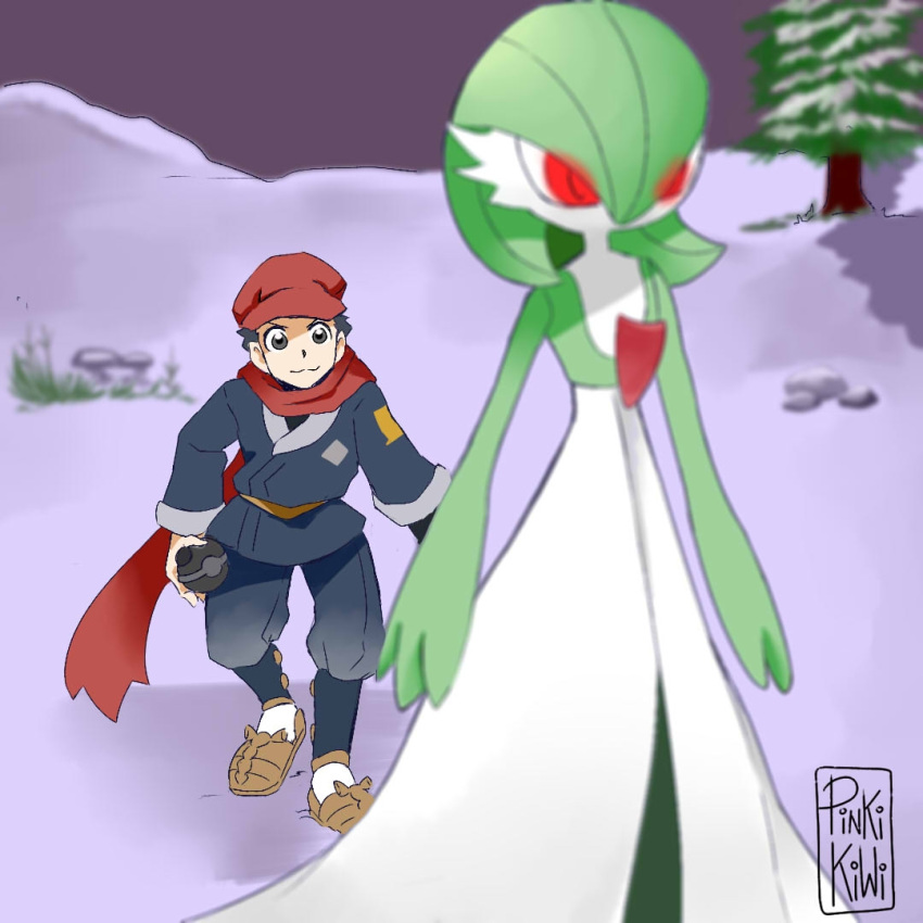 alpha_pok&eacute;mon ambiguous_gender digital_drawing_(artwork) digital_media_(artwork) duo fairy gardevoir glowing glowing_eyes holding_object holding_pok&eacute;ball human humanoid larger_ambiguous larger_humanoid looking_at_another looking_away male mammal nintendo outside pinkikiwi pok&eacute;ball pok&eacute;mon pok&eacute;mon_(species) rei_(pokemon) signature size_difference smaller_human smaller_male sneaking snow standing stealth v-shaped_eyebrows video_games