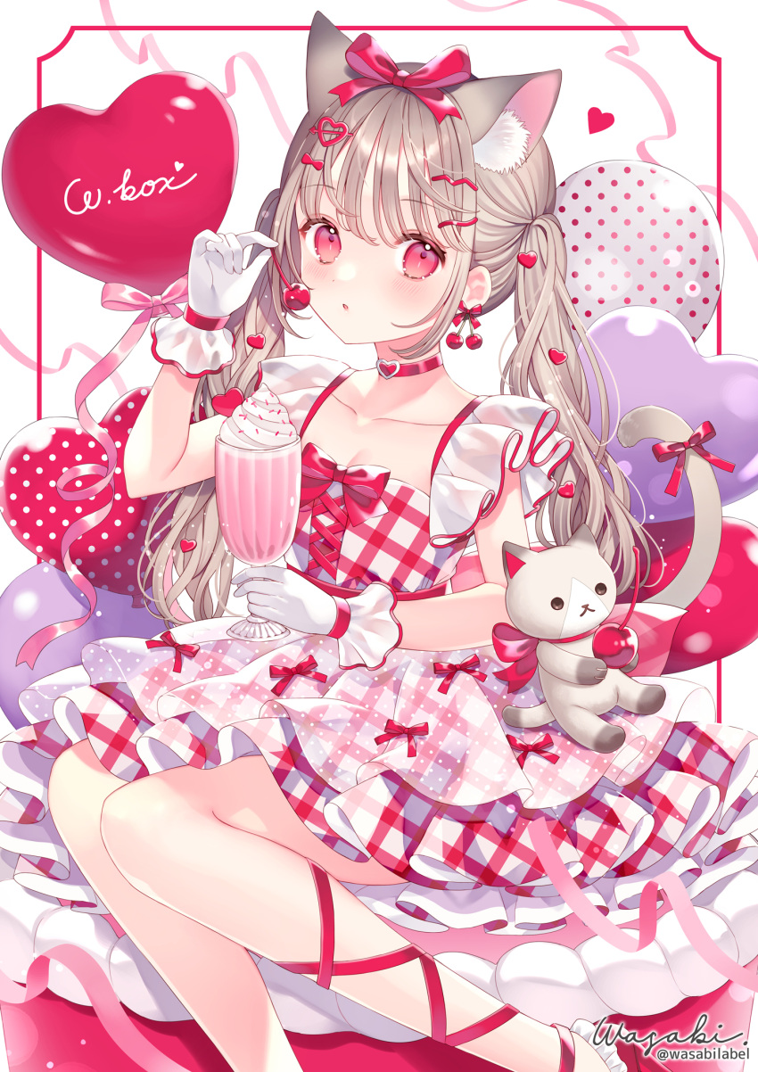 1girl :o animal_ears balloon blush bow breasts brown_hair cat_ears cat_girl cat_tail choker cleavage collarbone commentary_request dress feet_out_of_frame food gloves hair_ornament hairclip hand_up heart heart_balloon heart_hair_ornament highres holding holding_food long_hair looking_at_viewer original parted_lips plaid plaid_dress polka_dot red_bow red_choker red_eyes red_footwear shoes signature sleeveless sleeveless_dress small_breasts solo stuffed_animal stuffed_cat stuffed_toy tail tail_bow tail_ornament twintails twitter_username very_long_hair wasabi_(sekai) white_background white_dress white_gloves