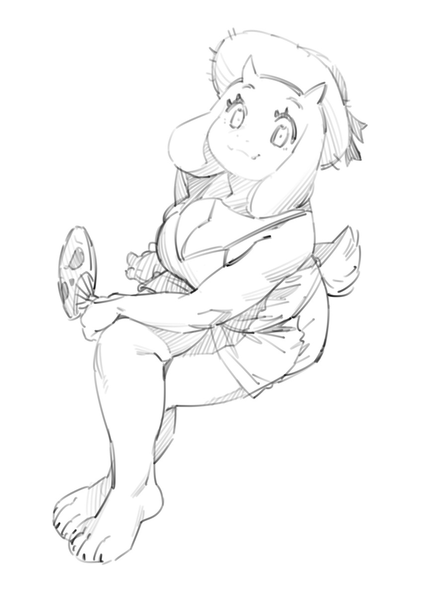 2_horns anthro aruurara big_breasts boss_monster bottomwear bovid breasts caprine claws clothing cross-hatching cute_fangs eyelashes feet female floppy_ears folding_fan hatching_(art) hi_res horn mammal shaded shorts sketch smile smiling_at_viewer solo sun_hat tail_tuft toriel tuft undertale undertale_(series) video_games