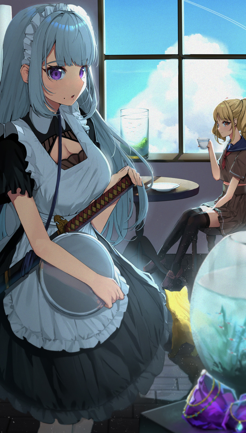 2girls absurdres apron black_dress black_serafuku black_shirt black_skirt black_thighhighs blonde_hair blue_sky breasts brown_footwear cat chair cleavage cleavage_cutout clothing_cutout cloud cup day dress grey_hair highres holding holding_cup holding_tray indoors katana large_breasts loafers long_hair maid maid_apron maid_headdress miniskirt mole mole_under_mouth multiple_girls orange_eyes original plate pleated_skirt puffy_short_sleeves puffy_sleeves purple_eyes scabbard school_uniform serafuku sheath sheathed shirt shoes short_sleeves sitting skirt sky smile standing suzuharu_toufu sword table teacup thighhighs tray twintails weapon white_apron window