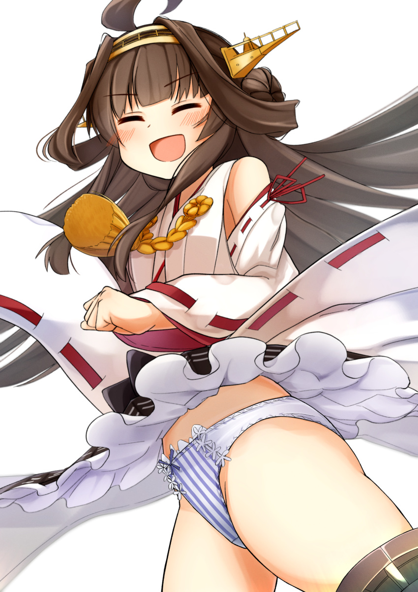 1girl ahoge bare_shoulders black_skirt blush brown_hair closed_eyes clothes_lift cowboy_shot detached_sleeves double_bun hair_bun hairband headgear highres japanese_clothes kantai_collection kongou_(kancolle) long_hair nontraditional_miko open_mouth panties ribbon-trimmed_sleeves ribbon_trim simple_background skirt skirt_lift smile solo striped striped_panties underwear vertical-striped_panties vertical_stripes white_background white_sleeves wide_sleeves wind wind_lift yotubawatane