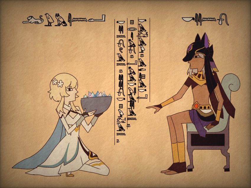 1boy 1girl blonde_hair bowl cyno_(genshin_impact) dark-skinned_male dark_skin dress egyptian egyptian_art egyptian_clothes flower full_body genshin_impact grey_hair hair_flower hair_ornament hieroglyphics highres hood kneeling long_hair lumine_(genshin_impact) midriff primogem sitting utsuyeet white_dress