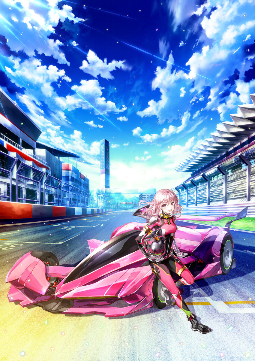 1girl :d black_footwear bodysuit boots car commentary fujima_takuya gloves ground_vehicle helmet highres highspeed_etoile holding holding_helmet key_visual long_hair looking_at_viewer motor_vehicle official_art pink_bodysuit pink_hair pink_helmet promotional_art race_vehicle racecar racing_suit rindoh_rin shoulder_pads smile solo sports_car vehicle_focus wide_shot