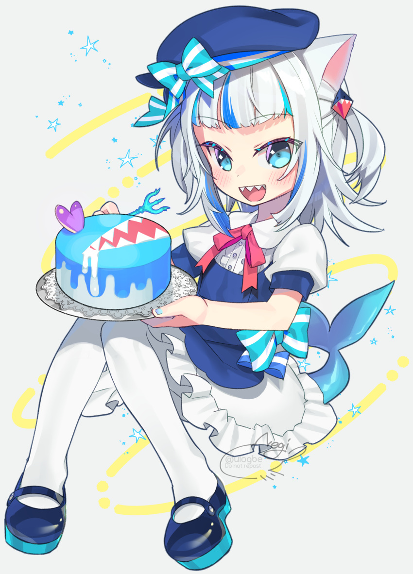 1girl :d aqua_bow aqua_eyes aqua_nails artist_name beret blue_footwear blue_headwear blush bow cake commentary_request fish_tail food fork frilled_skirt frills full_body gawr_gura hat highres holding holding_food holding_fork holding_plate hololive looking_at_viewer negi_(ulog'be) open_mouth plate puffy_sleeves ribbon shark_girl shark_tail sharp_teeth short_sleeves signature simple_background skirt smile solo star_(symbol) striped striped_ribbon tail teeth twitter_username virtual_youtuber white_background white_hair