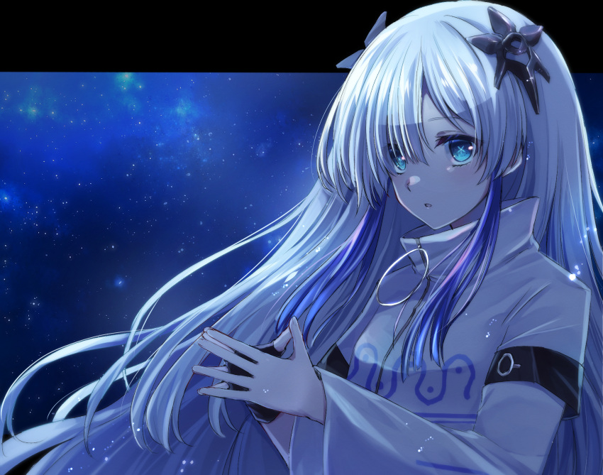 1girl bangs black_background black_gloves blue_background blue_eyes blue_hair blue_sky cevio coat commentary_request eyelashes fingerless_gloves gloves gothloli_dokuro hair_ornament hair_over_one_eye hands_up high_collar highres kamitsubaki_studio long_hair multicolored_hair night night_sky open_hands own_hands_together parted_lips sekai_(cevio) single_glove sky sleeves_past_elbows solo star-shaped_pupils star_(sky) star_(symbol) starry_sky symbol-shaped_pupils two-tone_background two-tone_hair upper_body white_coat white_hair wide_sleeves zipper zipper_pull_tab