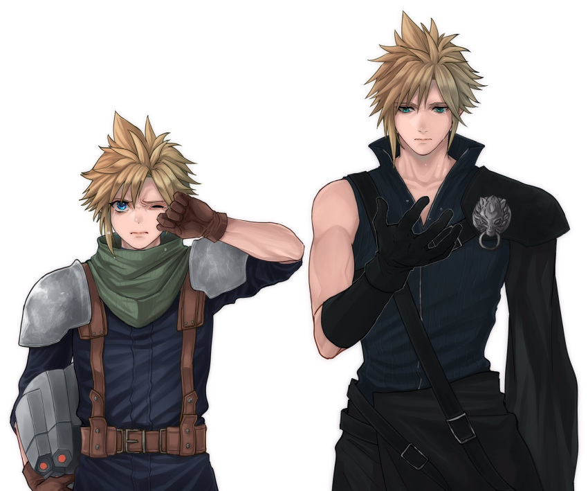 2boys aqua_eyes armor asymmetrical_armor bare_shoulders beckey9415 black_gloves black_shirt blonde_hair blue_eyes blue_pants blue_shirt brown_gloves chest_strap cloud_strife collarbone crisis_core_final_fantasy_vii crying final_fantasy final_fantasy_vii final_fantasy_vii_advent_children gloves hair_between_eyes hand_to_own_face harness helmet high_collar highres holding holding_helmet looking_at_hand male_focus multiple_boys muscular muscular_male older one_eye_closed open_collar pants shirt short_hair shoulder_armor sleeveless sleeveless_shirt spiked_hair upper_body white_background younger