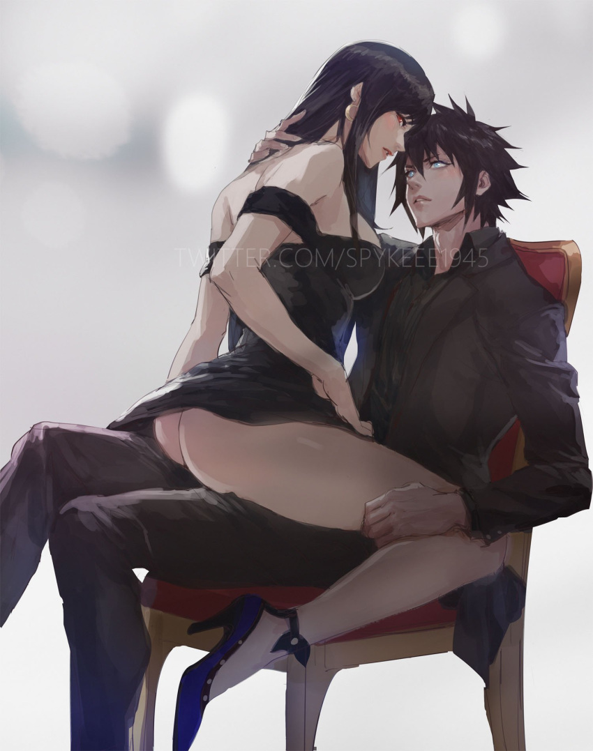 1boy 1girl ass bare_legs black_dress black_hair black_pants black_shirt blue_eyes breasts chair couple crossover dress final_fantasy final_fantasy_vii final_fantasy_xv full_body grey_background hair_between_eyes hand_on hand_on_another's_neck hetero high_heels highres large_breasts long_hair long_sleeves noctis_lucis_caelum pants parted_lips red_eyes shirt short_dress short_hair sitting spiked_hair spykeee straddling strap_slip tifa_lockhart upright_straddle