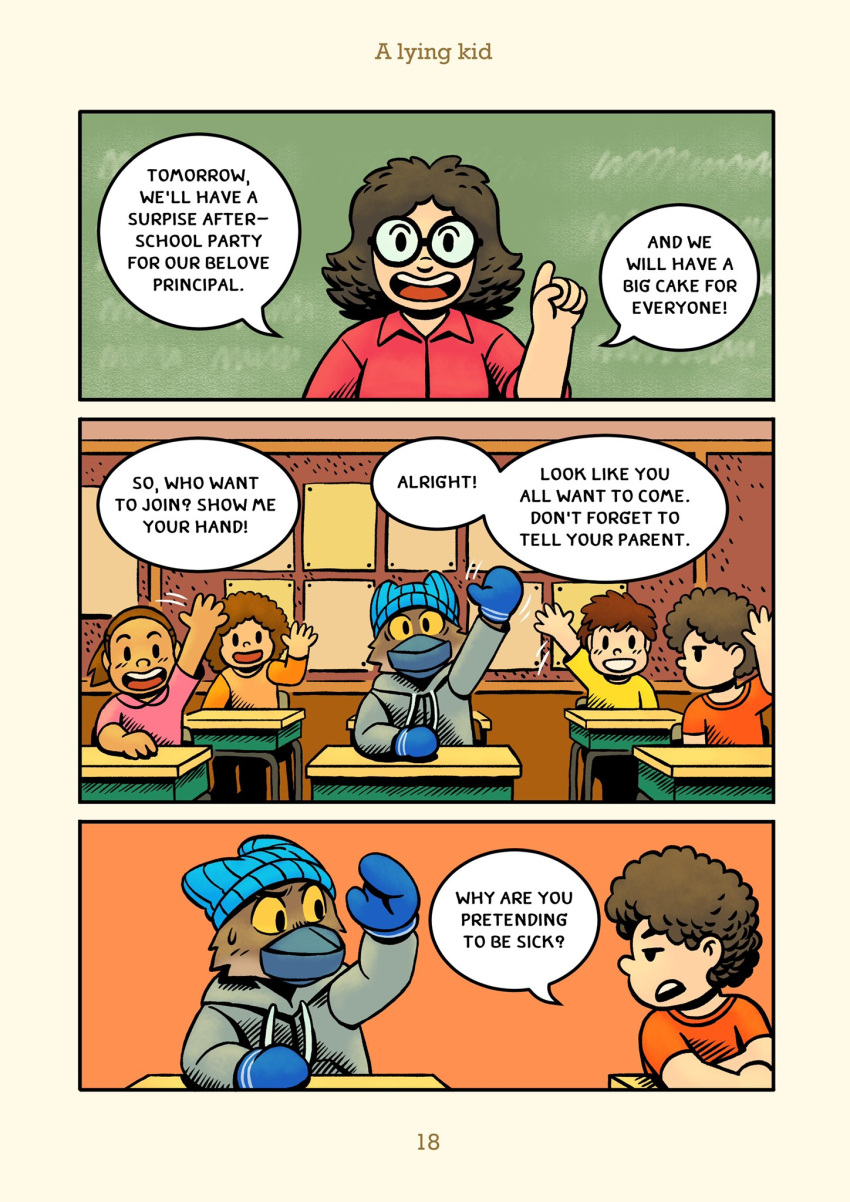 anthro bottomwear canid canine canis chalkboard child classroom clothed clothing comic desk dialogue digital_media_(artwork) dreamworks english_text face_mask fur furniture hair hi_res human jacket male mammal mask mr._wolf_(the_bad_guys) saran_kit school shirt smile speech_bubble student table teacher teacher_and_student text the_bad_guys topwear wolf young