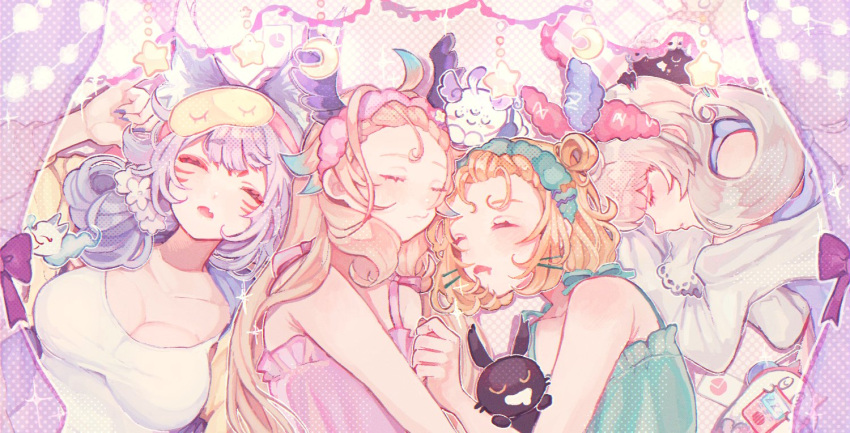 3others 4girls ahoge aloupeep_(enna_alouette) animal_ears bird_girl blonde_hair blue_hair blush breasts cleavage closed_eyes dress enna_alouette ethyria extra_ears eyeshadow fang flower fox_ears fox_girl green_dress green_headband grey_hair headband kakumeizenya029 large_breasts logo long_hair long_sleeves lucie_(millie_parfait) lying makeup matching_outfit medium_hair millie_parfait multicolored_hair multiple_girls multiple_others nail_polish nijisanji nijisanji_en nina_kosaka on_back pink_dress pink_headband poppi_(reimu_endou) purple_curtains purple_dress purple_eyeshadow purple_headband purple_nails red_eyeliner red_eyeshadow reimu_endou saliva short_eyebrows skin_fang sleeping sleeveless sweater tank_top virtual_youtuber white_dress white_flower white_tank_top yellow_sweater