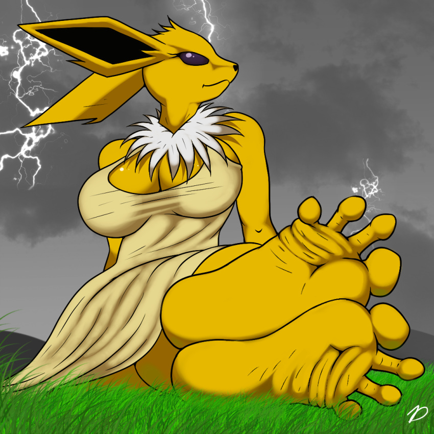 1:1 2015 4_toes anthro anthrofied barefoot big_breasts biped breasts clothed clothing digital_media_(artwork) dress eeveelution feet female foot_fetish foot_focus grass hill humanoid_feet jolteon lightning nintendo plant plantigrade pok&eacute;mon pok&eacute;mon_(species) pok&eacute;morph solo toes video_games zp92