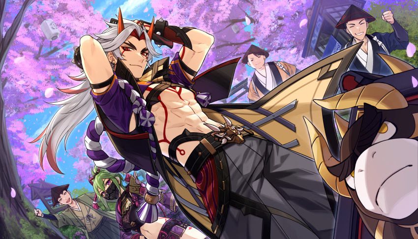1girl 5boys abs absurdres arataki_itto arms_up blue_sky body_markings bracelet brushing_hair bull cherry_blossoms closed_eyes comb day facial_mark genshin_impact green_hair hat highres horns jacket jewelry kuki_shinobu looking_at_viewer mask midriff mochiko_(tvygbntl) mouth_mask multiple_boys navel ninja ninja_mask oni oni_horns open_clothes open_jacket outdoors pants pectorals purple_eyes red_eyes shorts sky smile spiked_bracelet spikes thick_eyebrows toned tree ushi_(genshin_impact) yellow_eyes
