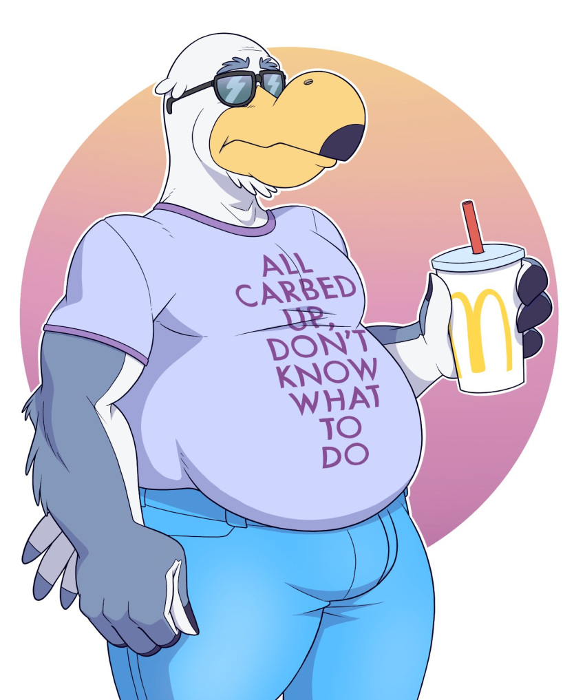 anthro anti_dev avian beak bird blue_bottomwear blue_clothing blue_pants bottomwear brogulls bulge clothing container cup feathers gull hi_res holding_cup holding_object lari larid lilac_shirt male mature_anthro mature_male mcdonald's pants shirt simple_background soda_cup solo tail_feathers text text_on_clothing text_on_shirt text_on_topwear topwear wearing_sunglasses white_background white_body white_feathers wilson_(brogulls) yellow_beak