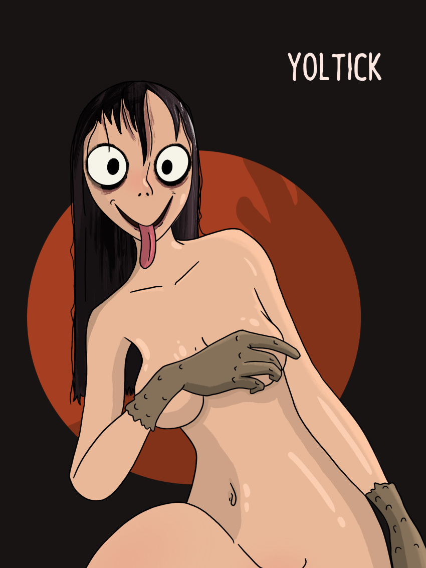 3:4 big_breasts big_eyes black_hair breasts convenient_censorship creepypasta female hair hi_res humanoid momo momo_(creepypasta) monster_girl_(genre) nude pose simple_background solo solo_focus tongue tongue_out yoltick