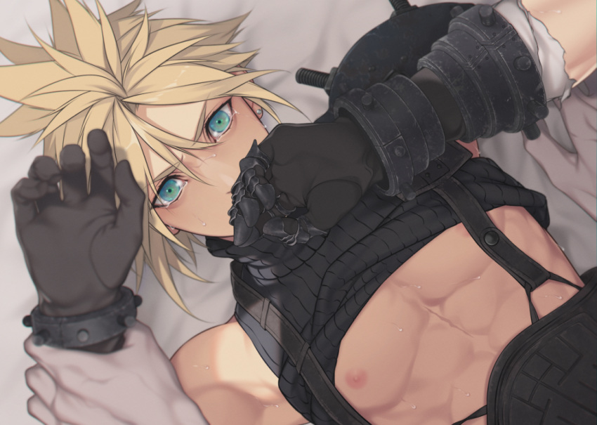 abs aqua_eyes armor bandaged_arm bandages bed_sheet belt blonde_hair clothes_lift cloud_strife crying disembodied_limb earrings final_fantasy final_fantasy_vii final_fantasy_vii_remake gloves hair_between_eyes hand_to_own_mouth holding_another's_wrist jewelry kiki_lala looking_at_viewer lying male_focus muscular muscular_male on_back pectorals shirt_lift short_hair shoulder_armor single_earring sleeveless sleeveless_turtleneck spiked_hair suspenders tears turtleneck upper_body