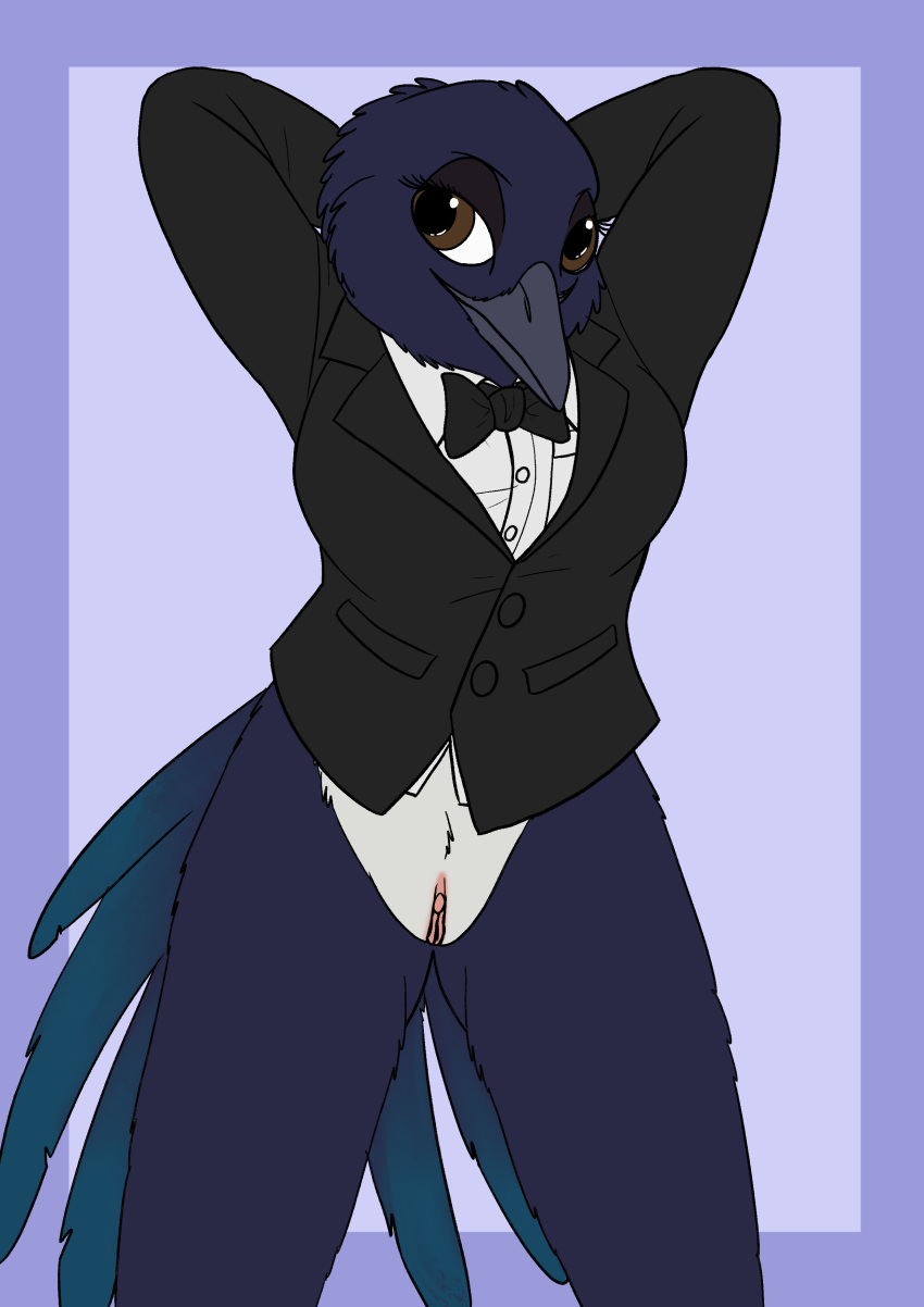 absurd_res anthro avian bird black_tie_(suit) bottomless bottomless_female bow_tie clothed clothing corvid eurasian_magpie female fish_birb front_view genitals hands_behind_back hi_res holarctic_magpie magpie_(corvid) oscine passerine pinup pose pussy rachel_(fish_birb) solo suit