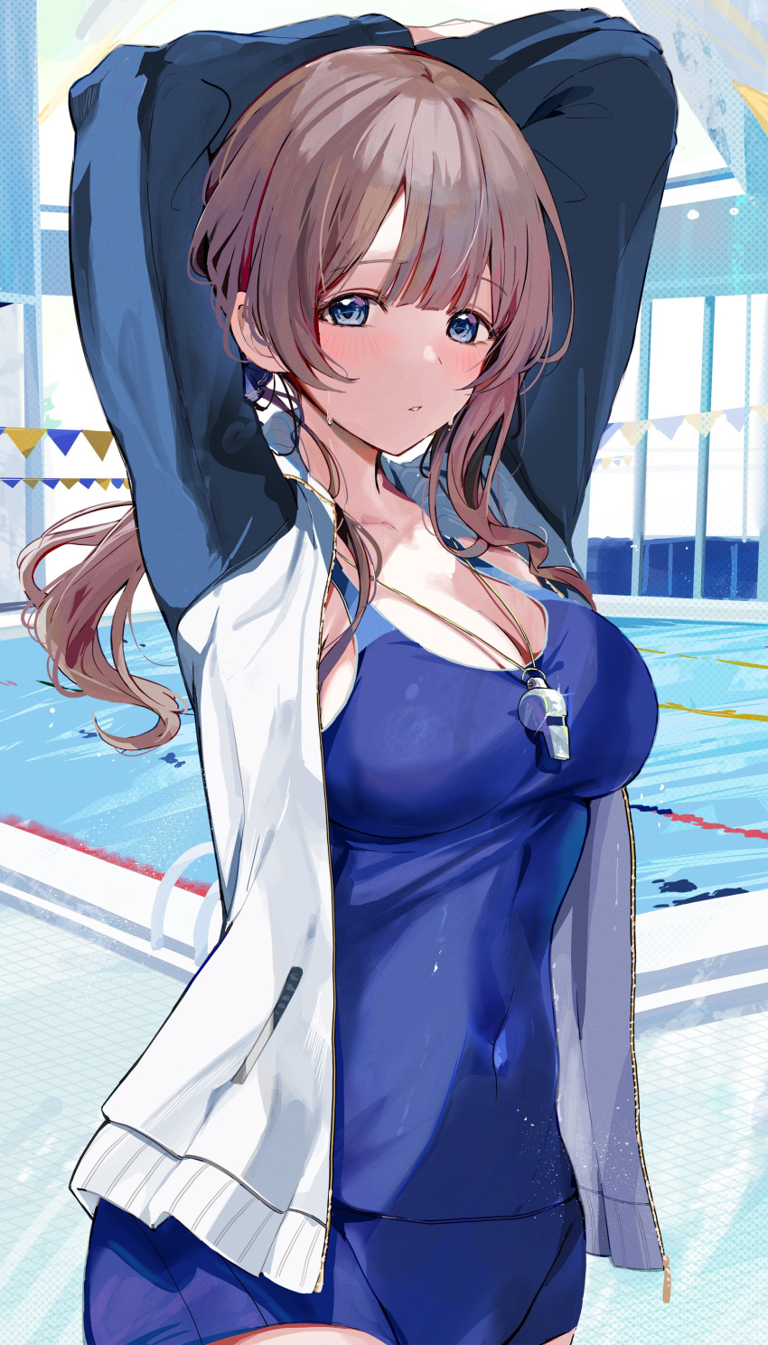 1girl absurdres arms_up bangs blue_eyes blue_shorts blue_swimsuit blush breasts brown_hair cleavage highres indoors jacket large_breasts long_hair looking_at_viewer low_tied_hair mochizuki_honami pool project_sekai shorts sidelocks swimsuit tomura2maru water whistle whistle_around_neck