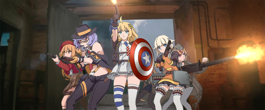 5girls ahoge american_flag asymmetrical_legwear beret blonde_hair blue_eyes blue_hair brown_hair captain_america_(series) fedora girls'_frontline gun hair_ornament hairclip handgun hat holding holding_gun holding_weapon m1897_(girls'_frontline) m1911 m1911_(girls'_frontline) m1919a4_(girls'_frontline) machine_gun marvel mismatched_legwear multiple_girls necktie photo-referenced pleated_skirt shield shirt short_hair shotgun shotgun_shell skirt sten_gun sten_mkii_(girls'_frontline) submachine_gun sunglasses tab_(tabkun) thompson_(girls'_frontline) weapon white_shirt winchester_model_1897 world_war_ii