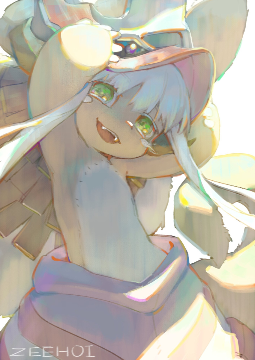 1other :d animal_ears arms_up artist_name day fangs furry gekichuu_youkai green_eyes hands_on_headwear head_tilt helmet highres long_hair looking_at_viewer made_in_abyss nanachi_(made_in_abyss) open_mouth pants pelt sidelocks simple_background smile solo topless whiskers white_background white_hair