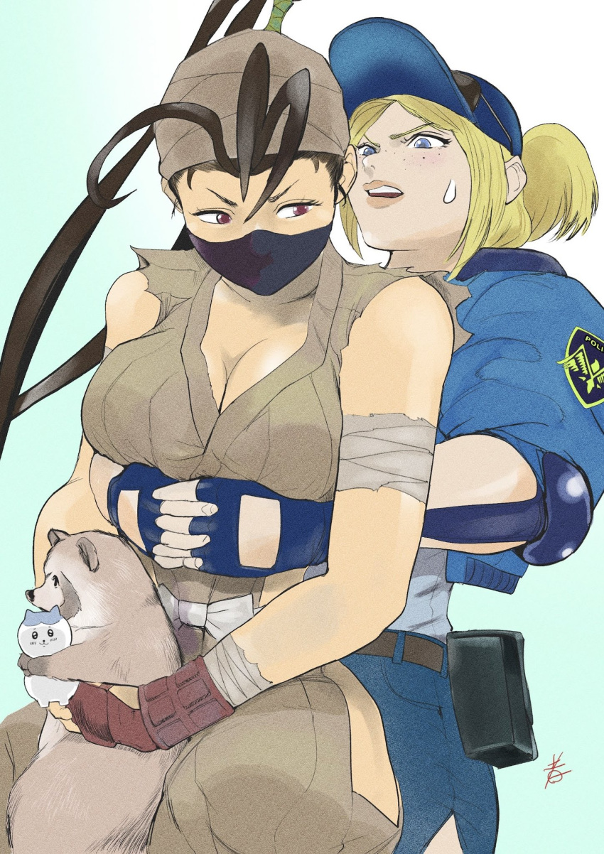 2girls blonde_hair blue_eyes breasts commentary_request don_(street_fighter) elbow_pads fingerless_gloves gloves highres hiroshi_mono ibuki_(street_fighter) lucia_morgan medium_breasts multiple_girls ninja police police_uniform short_hair street_fighter street_fighter_v uniform