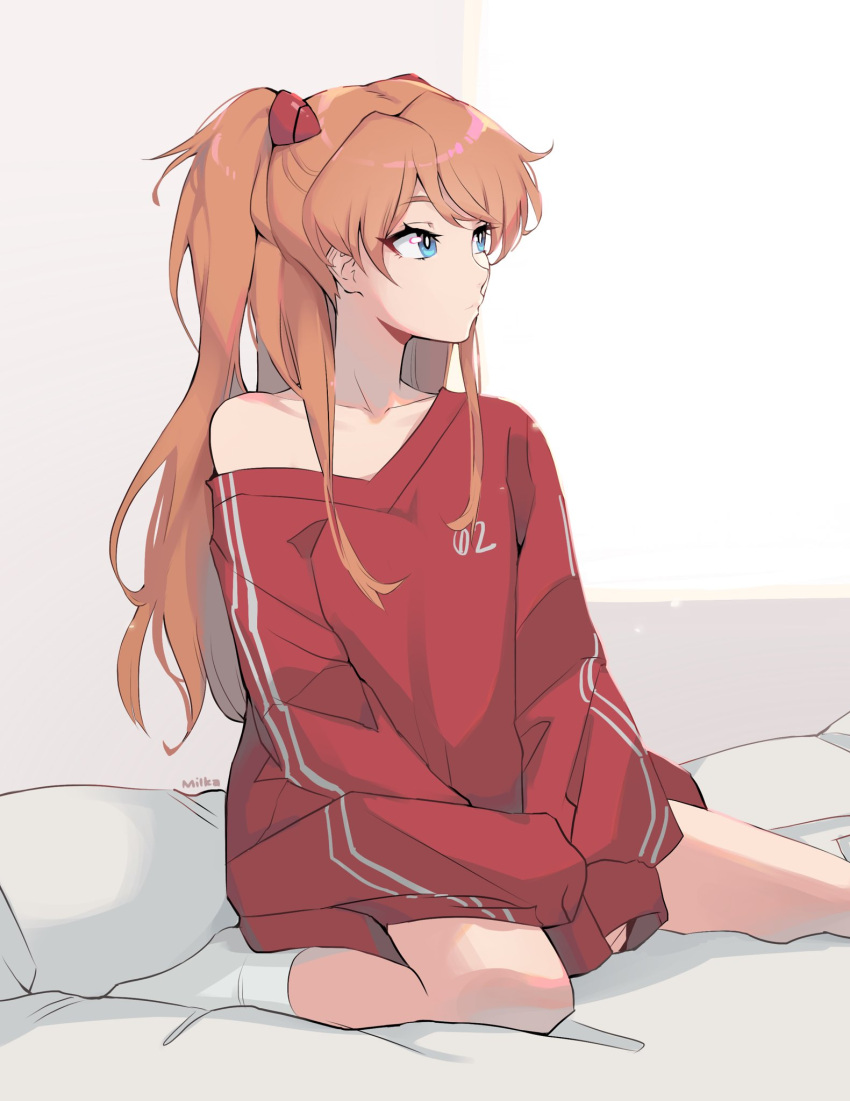 1girl bare_legs bed blue_eyes breasts brown_hair expressionless hair_ornament highres interface_headset long_hair looking_to_the_side milka_(milk4ppl) neon_genesis_evangelion on_bed oversized_clothes pillow pullover shiny shiny_hair simple_background socks solo souryuu_asuka_langley twintails two_side_up very_long_hair
