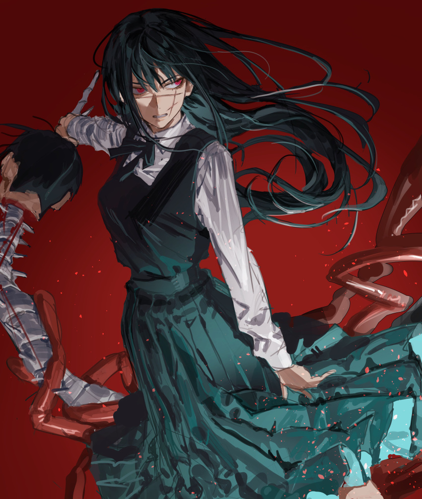 1girl absurdres arm_at_side bangs black_hair blue_bow blue_bowtie blue_dress bow bowtie chainsaw_man chamuring clenched_teeth collared_shirt dress floating_hair grin hair_between_eyes highres holding holding_weapon intestines light_particles long_hair long_sleeves looking_away mitaka_asa pinafore_dress red_background red_eyes scar scar_on_face shirt sideways_glance smile solo standing teeth war_devil_(chainsaw_man) weapon white_shirt
