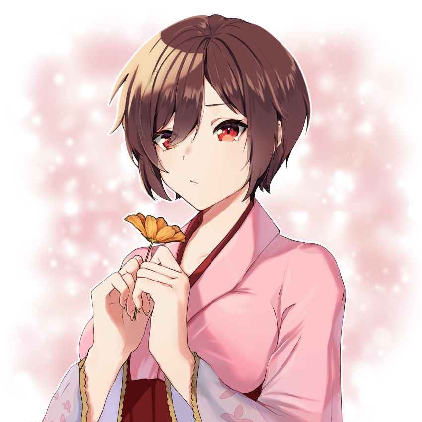 1girl absurdres brown_hair closed_mouth flower frown hair_between_eyes hands_up highres holding holding_flower japanese_clothes kimono meiko pink_background pink_kimono project_diva_(series) red_eyes short_hair solo vocaloid wide_sleeves yellow_flower yen-mi