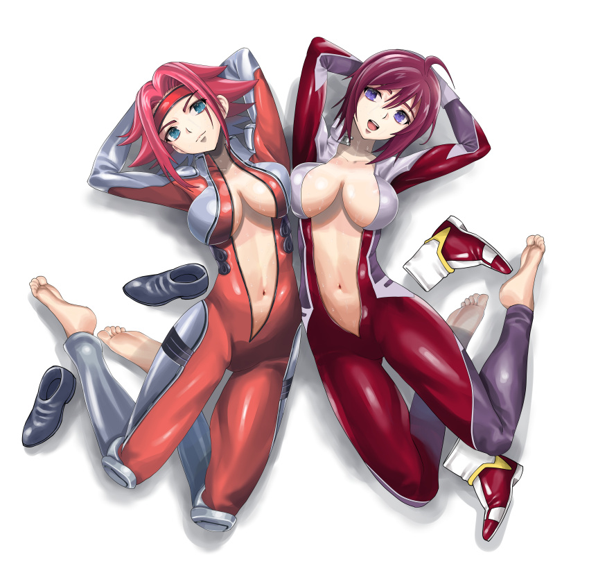 2girls absurdres ahoge arms_behind_back barefoot blue_eyes breasts cleavage code_geass crossover curvy feet formal gundam gundam_seed gundam_seed_destiny headband highres kallen_stadtfeld large_breasts legs legs_folded lunamaria_hawke lying machida-san multiple_girls navel on_back open_mouth pilot_suit pink_hair purple_eyes red_hair red_suit shoes shoes_removed short_hair sidelocks simple_background smile stomach suit sweat unzipped white_background