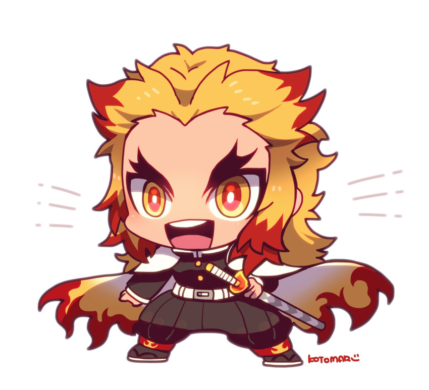 1boy blonde_hair cape chibi chibi_only emphasis_lines full_body highres kimetsu_no_yaiba kotorai long_sleeves male_focus multicolored_hair no_nose open_mouth rengoku_kyoujurou signature solo sword teeth thick_eyebrows upper_teeth_only weapon white_background white_cape