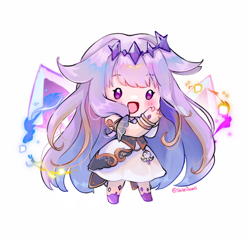 1girl :d bracelet chibi dress highres hololive hololive_english jewelry koseki_bijou koseki_bijou_(1st_costume) long_hair open_mouth own_hands_together purple_eyes purple_hair shibedraws simple_background smile solo standing twitter_username very_long_hair virtual_youtuber white_background white_dress