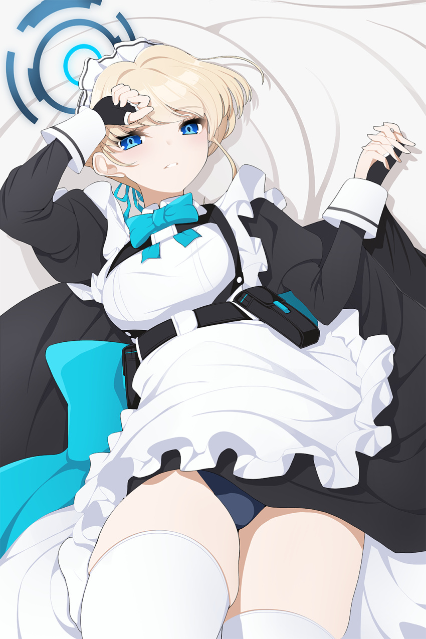 1girl 1other apron black_dress blonde_hair blue_archive blue_eyes blue_halo blush breasts dress frilled_apron frills halo highres koflif looking_at_viewer maid maid_headdress medium_breasts open_mouth short_hair solo_focus thighhighs toki_(blue_archive) white_apron white_thighhighs