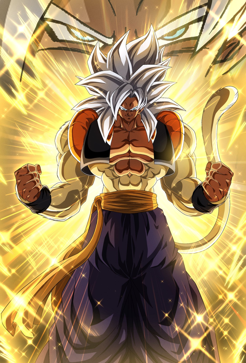 1boy abs alternate_color blue_eyes body_fur dragon_ball dragon_ball_gt gogeta grey_hair highres long_hair looking_at_viewer male_focus metamoran_vest monkey_boy monkey_tail muscular muscular_male pants pectorals saiyan sash smile solo spiked_hair suigetu26 super_saiyan super_saiyan_4 tail yellow_fur