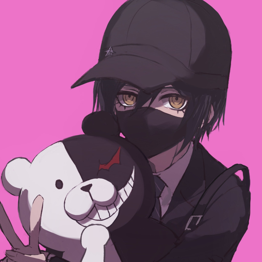 1boy black_headwear black_jacket black_mask danganronpa_(series) danganronpa_v3:_killing_harmony fu_ga_(vivi912912) grin highres jacket male_focus mask monokuma mouth_mask necktie official_alternate_costume pink_background portrait saihara_shuichi smile solo striped_necktie teeth v